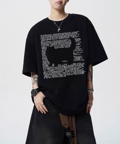 FreeZone(フリーゾーン)の「キャットシルエットテキストプリントTシャツ(Tシャツ/カットソー・メンズ・ブラック/ホワイト/ライトグレー/ピンク/ネイビー・F)」の6枚目の写真