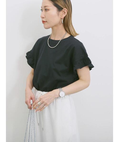 Samansa Mos2 blue（サマンサモスモスブルー）の「【USAコットン】フリルTシャツ（Tシャツ/カットソー・レディース・オフホワイト/ブラック/グリーン・F）」の4枚目の写真