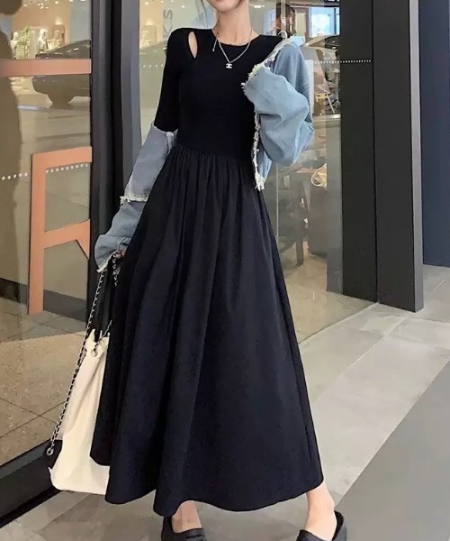 LADY LIKE(レディライク)の「異素材切替え肌見せロングワンピース(ワンピース・レディース・ブラック・M)」の3枚目の写真