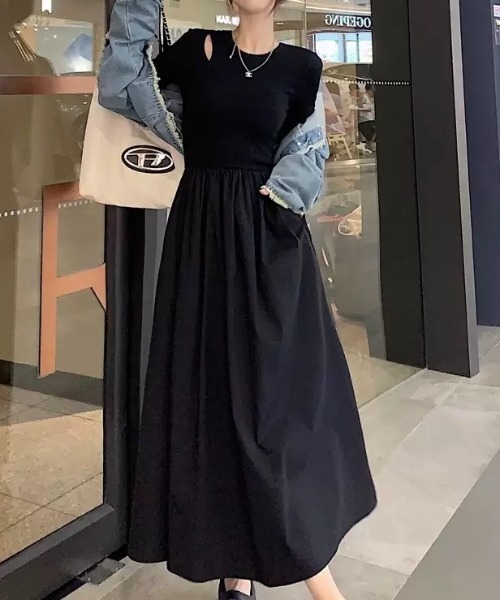 LADY LIKE(レディライク)の「異素材切替え肌見せロングワンピース(ワンピース・レディース・ブラック・M)」の4枚目の写真