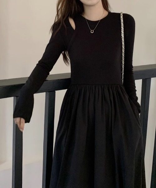 LADY LIKE(レディライク)の「異素材切替え肌見せロングワンピース(ワンピース・レディース・ブラック・M)」の7枚目の写真