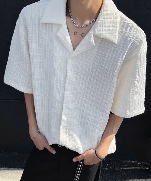 NOWLE（ノウル）の「【NOWLE】リラックスフィット シアサッカーライク オープンカラー 半袖シャツ（シャツ/ブラウス・メンズ・ブラック/ホワイト・MEDIUM/LARGE/X-LARGE）」の6枚目の写真