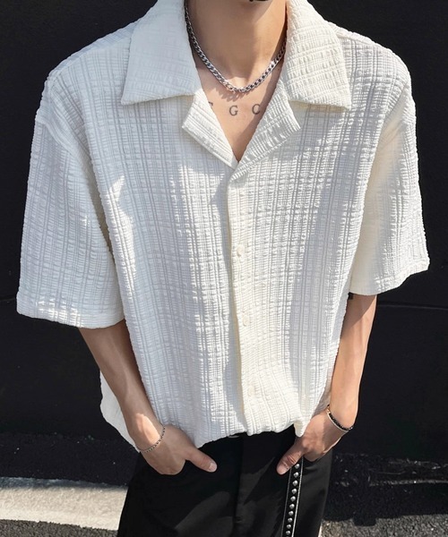 NOWLE（ノウル）の「【NOWLE】リラックスフィット シアサッカーライク オープンカラー 半袖シャツ（シャツ/ブラウス・メンズ・ブラック/ホワイト・MEDIUM/LARGE/X-LARGE）」の7枚目の写真