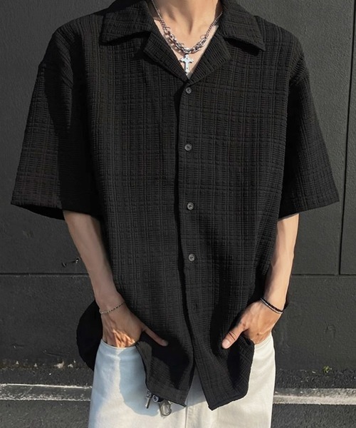 NOWLE（ノウル）の「【NOWLE】リラックスフィット シアサッカーライク オープンカラー 半袖シャツ（シャツ/ブラウス・メンズ・ブラック/ホワイト・MEDIUM/LARGE/X-LARGE）」の15枚目の写真