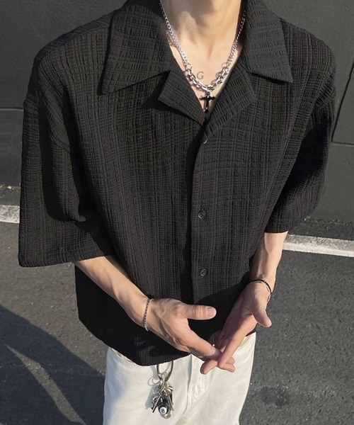 NOWLE（ノウル）の「【NOWLE】リラックスフィット シアサッカーライク オープンカラー 半袖シャツ（シャツ/ブラウス・メンズ・ブラック/ホワイト・MEDIUM/LARGE/X-LARGE）」の19枚目の写真