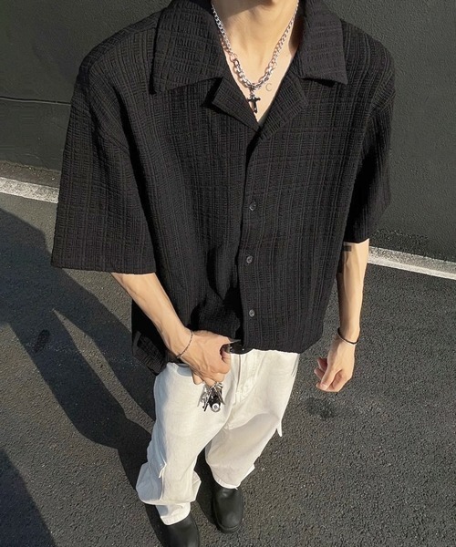 NOWLE（ノウル）の「【NOWLE】リラックスフィット シアサッカーライク オープンカラー 半袖シャツ（シャツ/ブラウス・メンズ・ブラック/ホワイト・MEDIUM/LARGE/X-LARGE）」の12枚目の写真