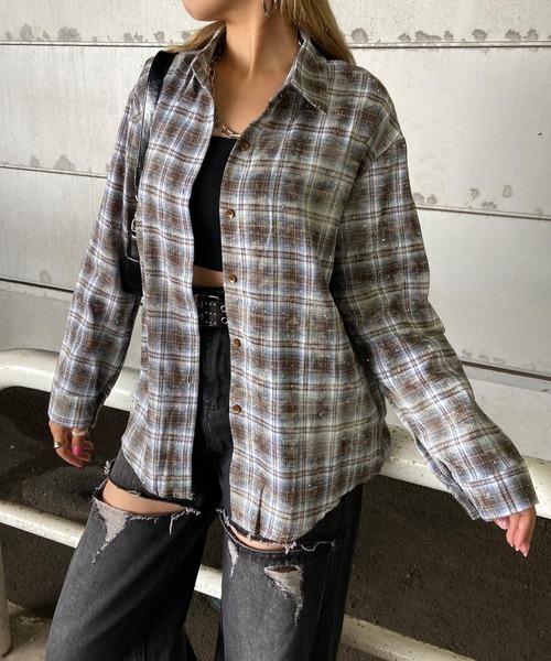 non-hedge(ノンヘッジ)の「ストーン付チェックシャツ(シャツ/ブラウス・レディース・ブルー/ピンク/ネイビー/レッド/グレー/ブラウン・FREE)」の3枚目の写真