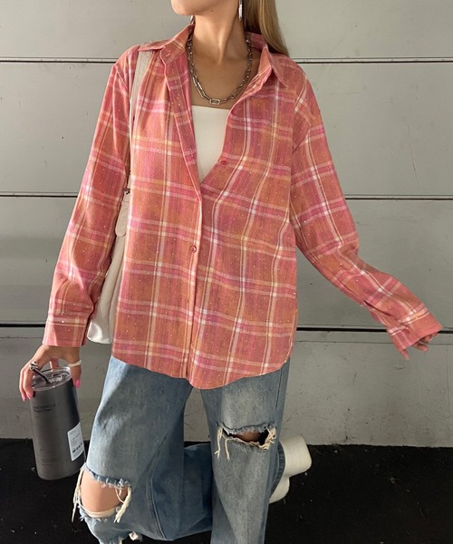 non-hedge(ノンヘッジ)の「ストーン付チェックシャツ(シャツ/ブラウス・レディース・ブルー/ピンク/ネイビー/レッド/グレー/ブラウン・FREE)」の6枚目の写真