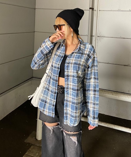 non-hedge(ノンヘッジ)の「ストーン付チェックシャツ(シャツ/ブラウス・レディース・ブルー/ピンク/ネイビー/レッド/グレー/ブラウン・FREE)」の12枚目の写真