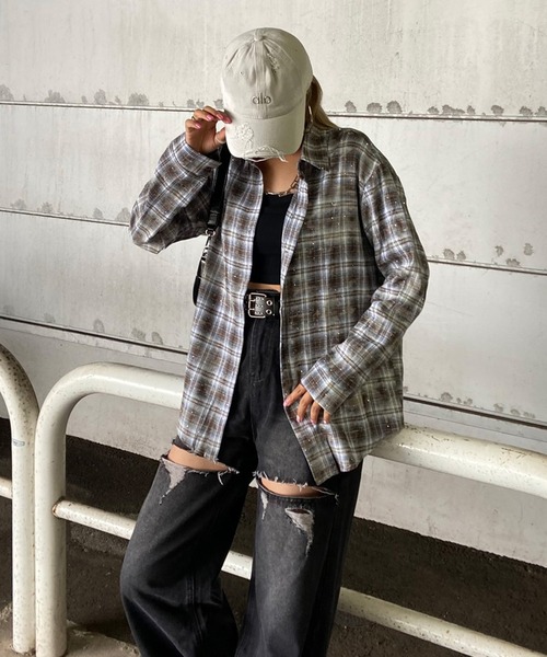 non-hedge(ノンヘッジ)の「ストーン付チェックシャツ(シャツ/ブラウス・レディース・ブルー/ピンク/ネイビー/レッド/グレー/ブラウン・FREE)」の15枚目の写真
