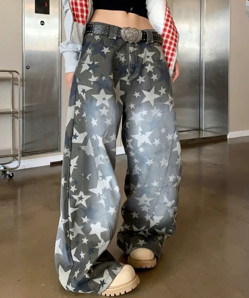 セール】星柄ワイドデニムパンツ｜ユニセックス感漂うY2Kストリート
