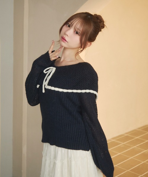 TITTY&CO.（ティティーアンドコー）の「ビッグカラーリボンニット（ニット/セーター・レディース・ネイビー/ホワイト/グレー・FREE）」の3枚目の写真