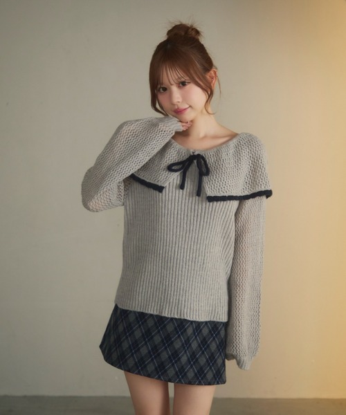 TITTY&CO.（ティティーアンドコー）の「ビッグカラーリボンニット（ニット/セーター・レディース・ネイビー/ホワイト/グレー・FREE）」の8枚目の写真