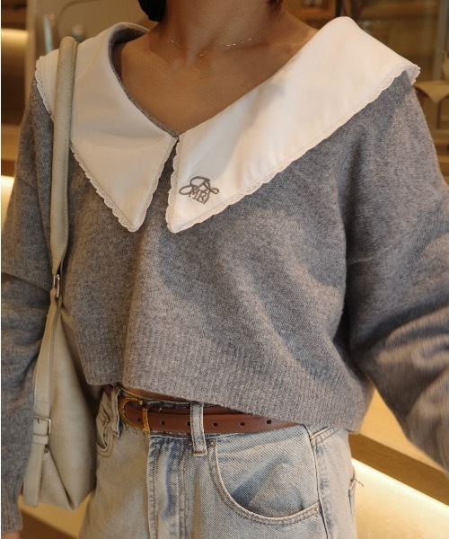 jumelle（ジュメロ）の「襟付きクロップドニット（ニット/セーター・レディース・グレー/ピンク・FREE）」の1枚目の写真