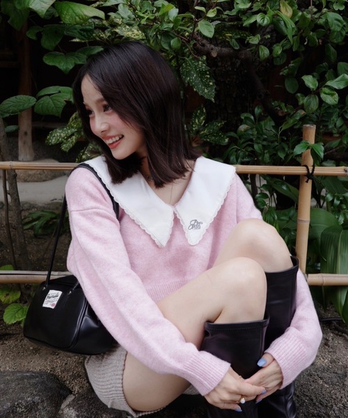 jumelle（ジュメロ）の「襟付きクロップドニット（ニット/セーター・レディース・グレー/ピンク・FREE）」の2枚目の写真