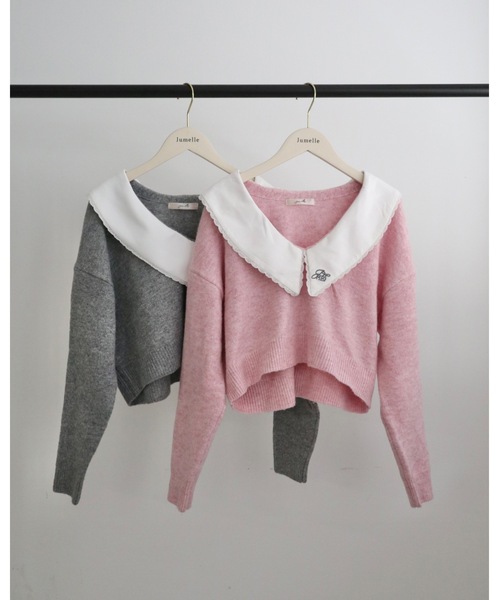 jumelle（ジュメロ）の「襟付きクロップドニット（ニット/セーター・レディース・グレー/ピンク・FREE）」の3枚目の写真