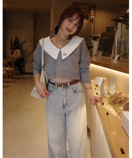 jumelle（ジュメロ）の「襟付きクロップドニット（ニット/セーター・レディース・グレー/ピンク・FREE）」の4枚目の写真