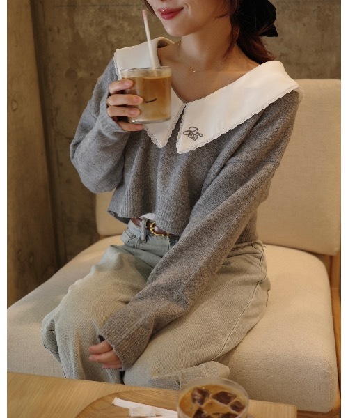 jumelle（ジュメロ）の「襟付きクロップドニット（ニット/セーター・レディース・グレー/ピンク・FREE）」の10枚目の写真