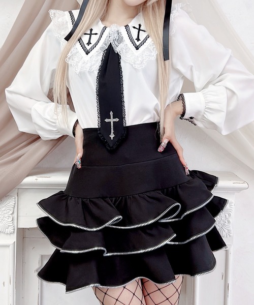 MA*RS（アメーバーマーズ）の「クロスストーンネクタイ付きブラウス（シャツ/ブラウス・レディース・ブラック/ホワイト・FREE）」の2枚目の写真