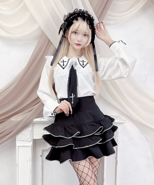 MA*RS（アメーバーマーズ）の「クロスストーンネクタイ付きブラウス（シャツ/ブラウス・レディース・ブラック/ホワイト・FREE）」の4枚目の写真