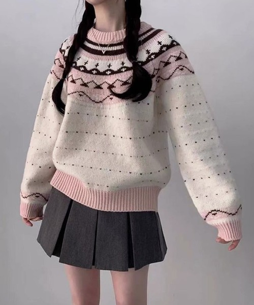 HALEY PESCA(ヘーリーペスカ)の「HALEY PESCA/パステルカラー ノルディック柄ニット(ニット/セーター・レディース・ピンク/ブルー・FREE)」の1枚目の写真