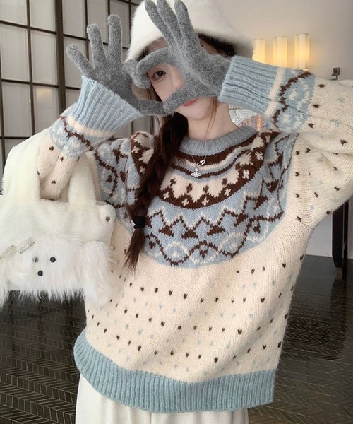 HALEY PESCA(ヘーリーペスカ)の「HALEY PESCA/パステルカラー ノルディック柄ニット(ニット/セーター・レディース・ピンク/ブルー・FREE)」の2枚目の写真