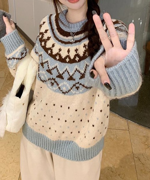 HALEY PESCA(ヘーリーペスカ)の「HALEY PESCA/パステルカラー ノルディック柄ニット(ニット/セーター・レディース・ピンク/ブルー・FREE)」の6枚目の写真