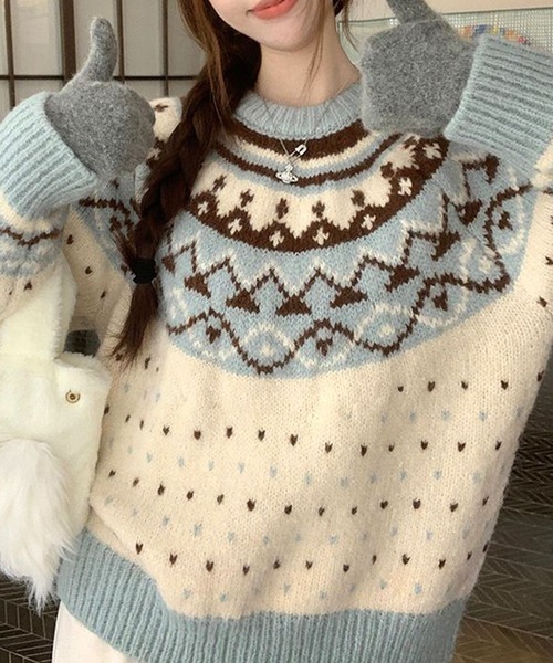 HALEY PESCA(ヘーリーペスカ)の「HALEY PESCA/パステルカラー ノルディック柄ニット(ニット/セーター・レディース・ピンク/ブルー・FREE)」の9枚目の写真