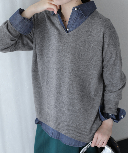 La TOTALITE(ラトータリテ)の「ウールカシミヤVネックプルオーバー(ニット/セーター・レディース・サックスブルー/チャコールグレー/レッド/ネイビー・FREE)」の2枚目の写真