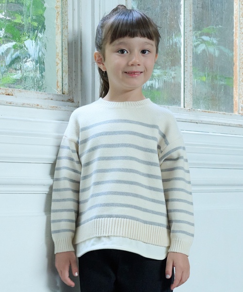 petit main（プティマイン）の「【ウォッシャブル】ボーダーニット（ニット/セーター・キッズ・アイボリー/ネイビー/モカ/モスグリーン・M/L/S）」の2枚目の写真