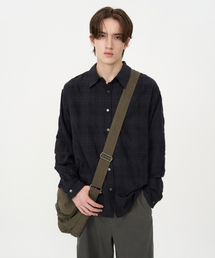 ウールコットンリンクルチェックシャツMUD BLACK