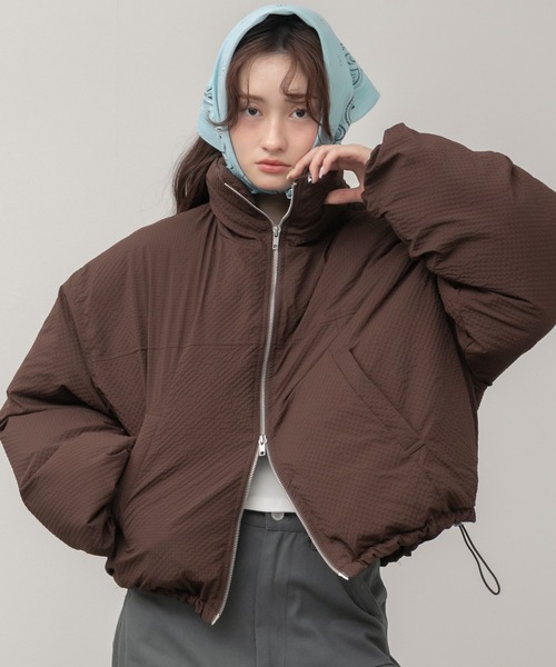 パディングショートダウンジャケット / ブラック ブラウン チェック