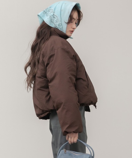 パディングショートダウンジャケット / ブラック ブラウン チェック