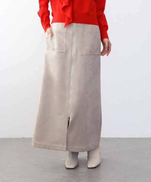 Jines(ジネス)の「ストレッチスエード フロントZIPスカート(スカート・レディース・グレー/ベージュ/モカ・38)」の1枚目の写真