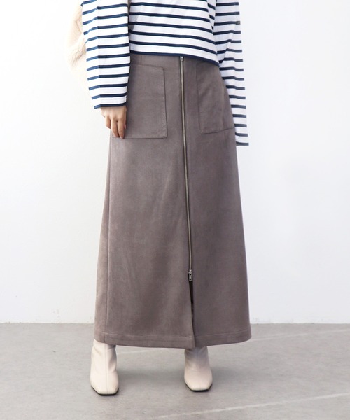 Jines(ジネス)の「ストレッチスエード フロントZIPスカート(スカート・レディース・グレー/ベージュ/モカ・38)」の2枚目の写真