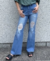 《美脚×ストレッチ》レディース ダメージ フレアデニムパンツ 体型カバー オールシーズン