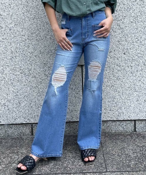 GORGE(ゴージ)の「《美脚×ストレッチ》レディース ダメージ フレアデニムパンツ 体型カバー オールシーズン(その他パンツ・レディース・ブルー/ブラック・S/M)」の1枚目の写真