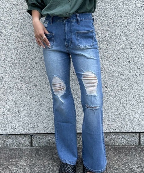 GORGE(ゴージ)の「《美脚×ストレッチ》レディース ダメージ フレアデニムパンツ 体型カバー オールシーズン(その他パンツ・レディース・ブルー/ブラック・S/M)」の3枚目の写真