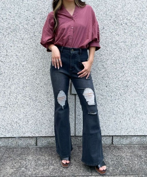 GORGE(ゴージ)の「《美脚×ストレッチ》レディース ダメージ フレアデニムパンツ 体型カバー オールシーズン(その他パンツ・レディース・ブルー/ブラック・S/M)」の9枚目の写真