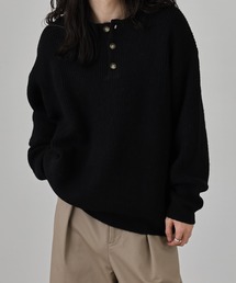ウールミックス ヘンリーネックストレッチニット