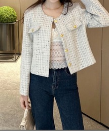 【26年春夏新作】ノーカラー ゴールドボタンツイードジャケット セレモニー カジュアル 通勤