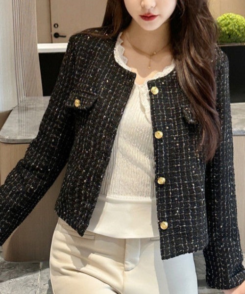 Maison Calme(メゾンカルム)の「【26年春夏新作】ノーカラー ゴールドボタンツイードジャケット セレモニー カジュアル 通勤(ノーカラージャケット・レディース・ブラック/アイボリー/ネイビー・M/L)」の15枚目の写真