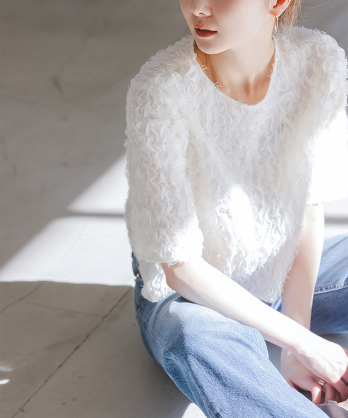 Noble（ノーブル）の「フェザーフリルハーフスリーブブラウス（シャツ/ブラウス・レディース・ホワイト/ブラック・FREE）」の19枚目の写真