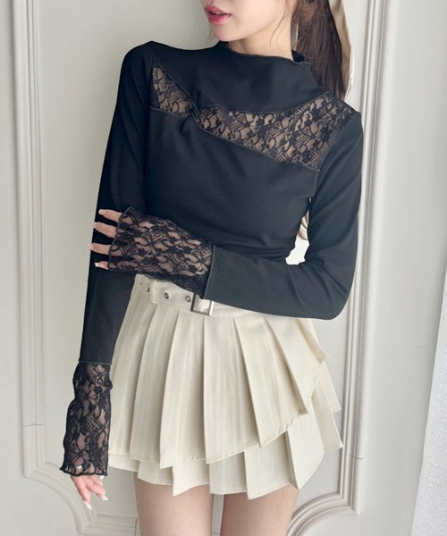 Loueme（ルエム）の「レース切替リブトップス（Tシャツ/カットソー・レディース・オフホワイト/ブラック・M）」の2枚目の写真