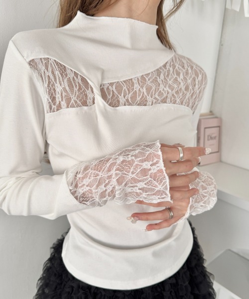 Loueme（ルエム）の「レース切替リブトップス（Tシャツ/カットソー・レディース・オフホワイト/ブラック・M）」の3枚目の写真