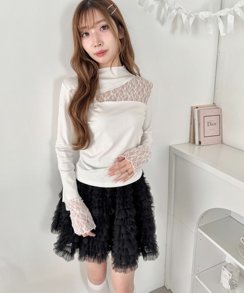 Loueme（ルエム）の「レース切替リブトップス（Tシャツ/カットソー・レディース・オフホワイト/ブラック・M）」の6枚目の写真