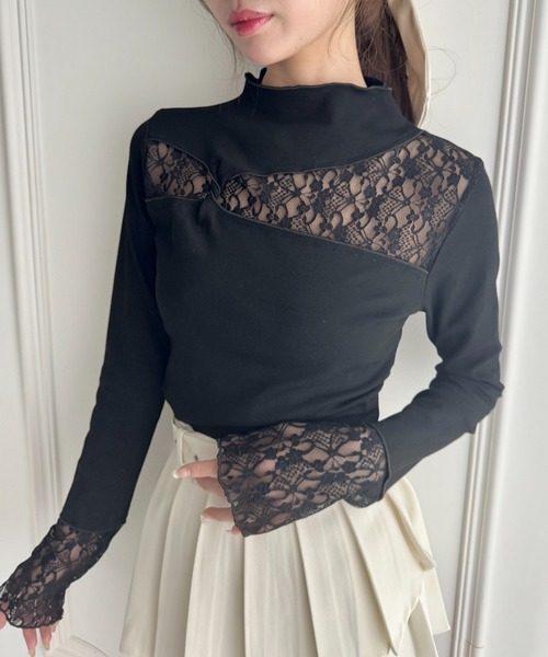 Loueme（ルエム）の「レース切替リブトップス（Tシャツ/カットソー・レディース・オフホワイト/ブラック・M）」の9枚目の写真