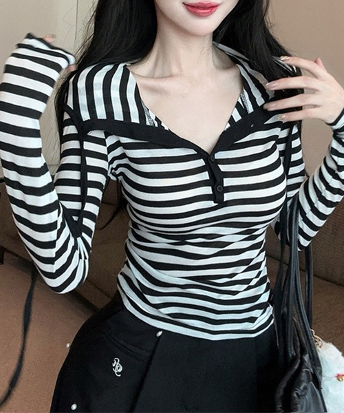 shyam inspiration(シャムインスピレーション)の「人気につき再登場!/タイトボーダーフード付きロンT/ヘンリーネック(Tシャツ/カットソー・レディース・ブラック×ホワイト/ブラック×グレー・LARGE/MEDIUM)」の22枚目の写真