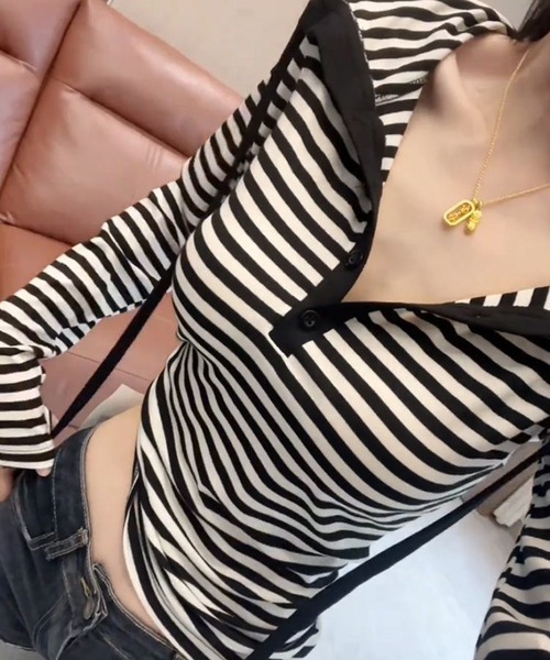 shyam inspiration(シャムインスピレーション)の「人気につき再登場!/タイトボーダーフード付きロンT/ヘンリーネック(Tシャツ/カットソー・レディース・ブラック×ホワイト/ブラック×グレー・LARGE/MEDIUM)」の5枚目の写真