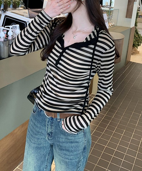 shyam inspiration(シャムインスピレーション)の「人気につき再登場!/タイトボーダーフード付きロンT/ヘンリーネック(Tシャツ/カットソー・レディース・ブラック×ホワイト/ブラック×グレー・LARGE/MEDIUM)」の15枚目の写真